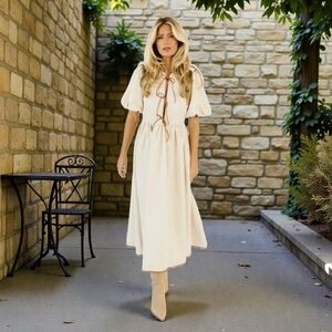 Nwot Zoco Chappell Linen Blend Puff Sleeve Brown Faux Leather Tie Top Midi Dress